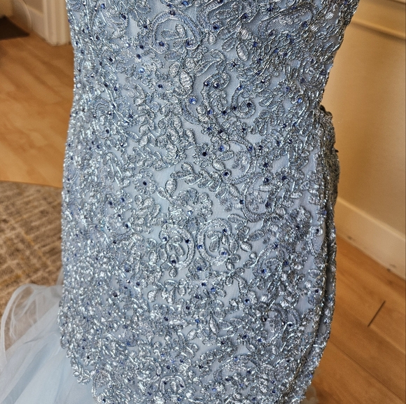 Size 12 (tag 14) light blue lace up crystal lace layered mermaid gownSherri Hill - Picture 4 of 9